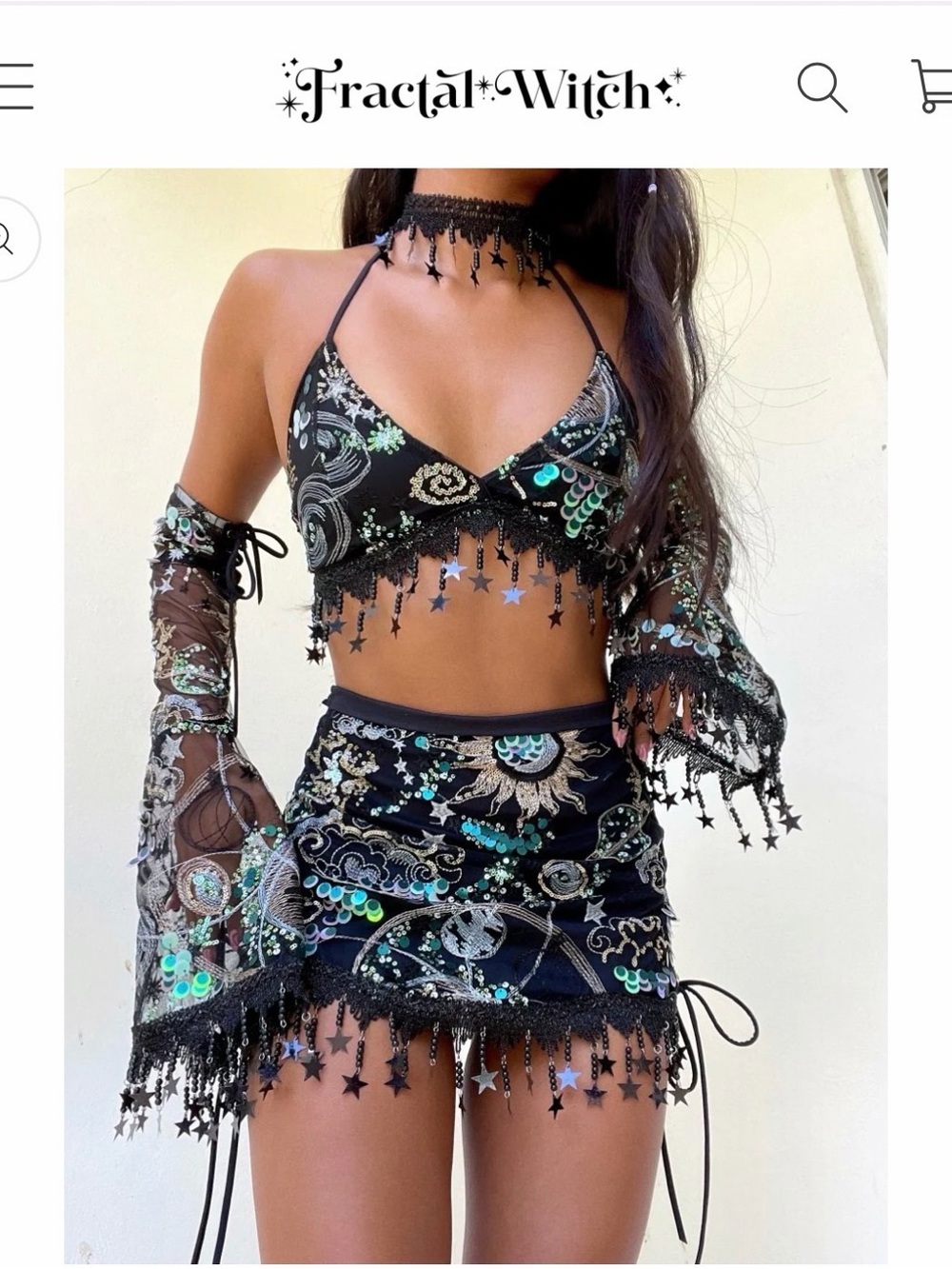 NWT Fractal Witch Black Sequin Celestial Crop Top & Mini Skirt Set